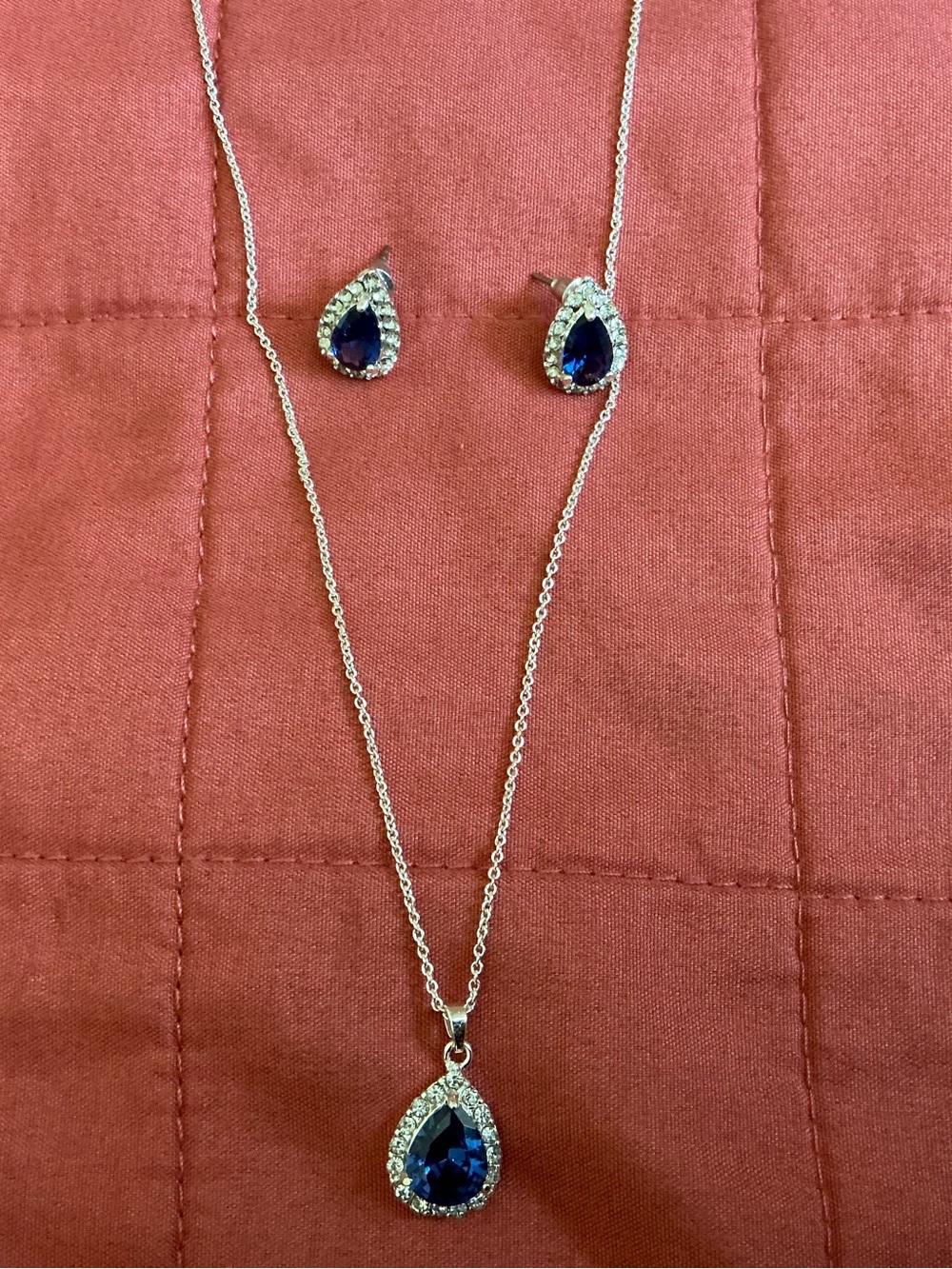 Silver Teardrop Blue Crystal Necklace & Earring Set